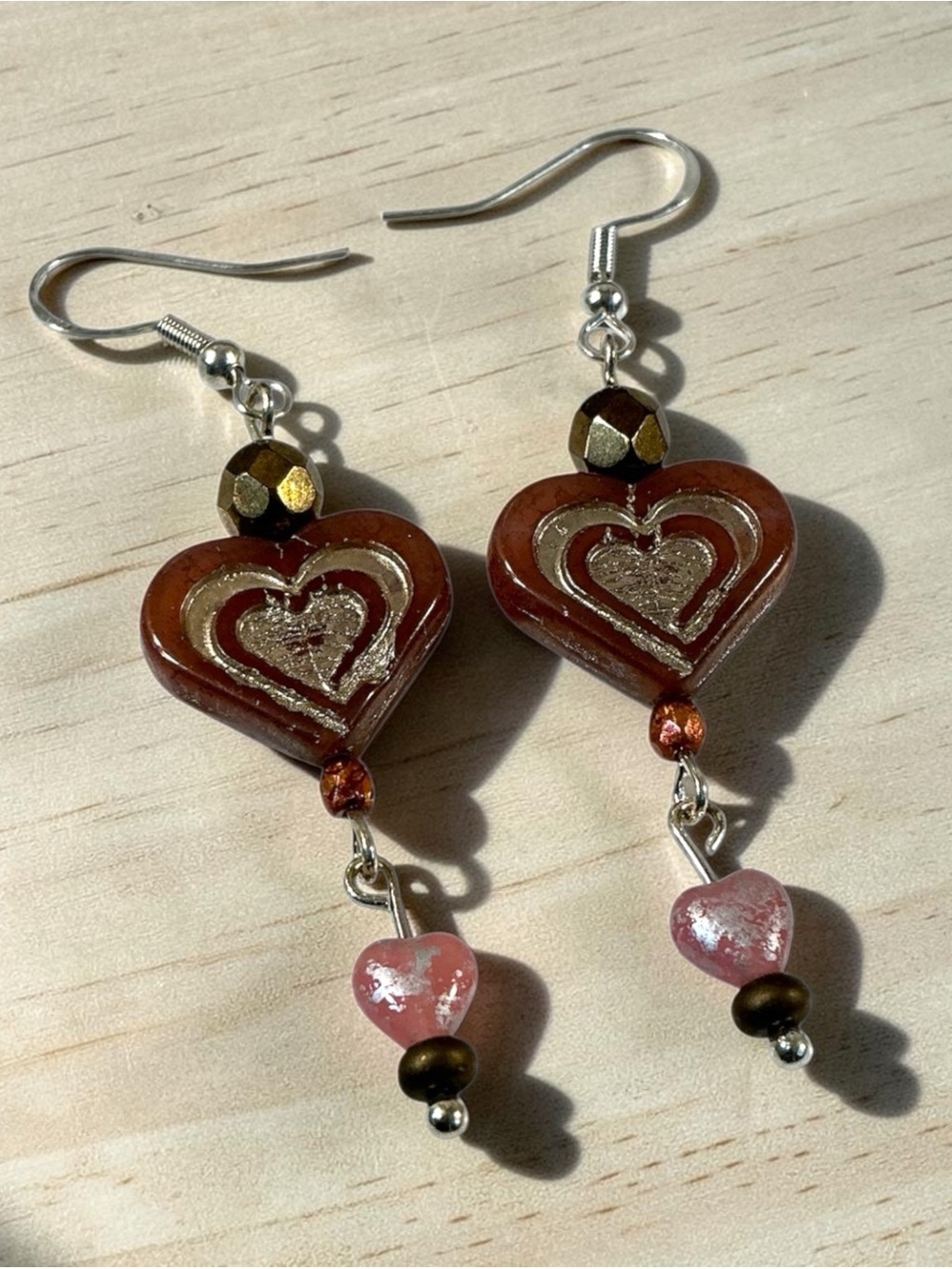 Hand Crafted Czech Bronze and Pink Layered Heart Dangle Earrings